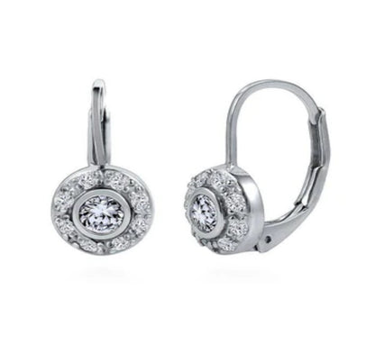 Halo Round CZ Leverback Dangle Earrings in Sterling Silver