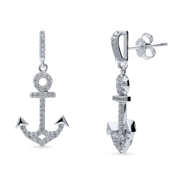 Anchor CZ Dangle Earrings in Sterling Silver