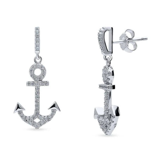 Anchor CZ Dangle Earrings in Sterling Silver