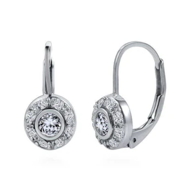 Halo Round CZ Leverback Dangle Earrings in Sterling Silver, 2 Pairs