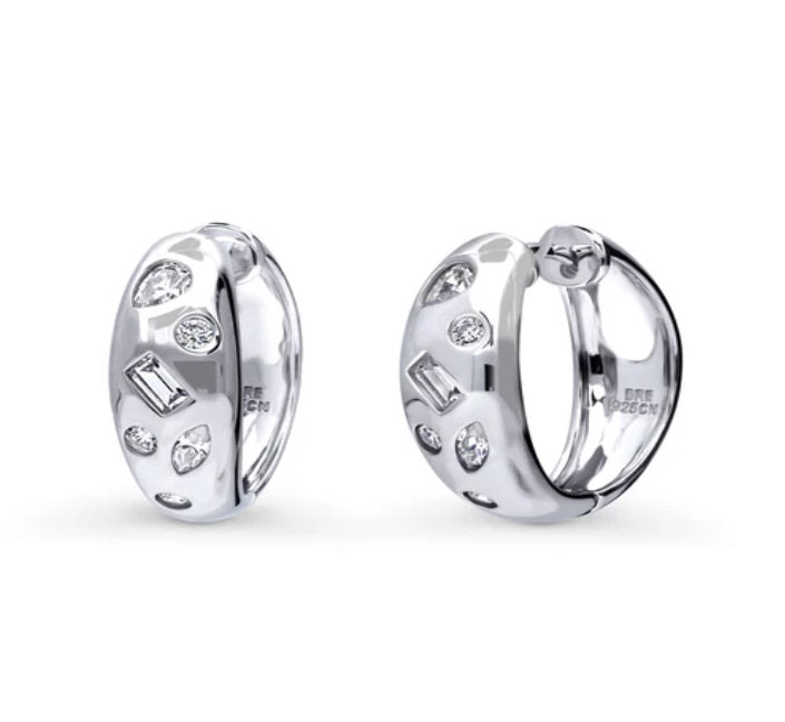 Dome CZ Medium Hoop Earrings in Sterling Silver 0.77"