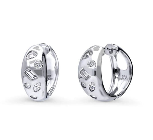 Dome CZ Medium Hoop Earrings in Sterling Silver 0.77"
