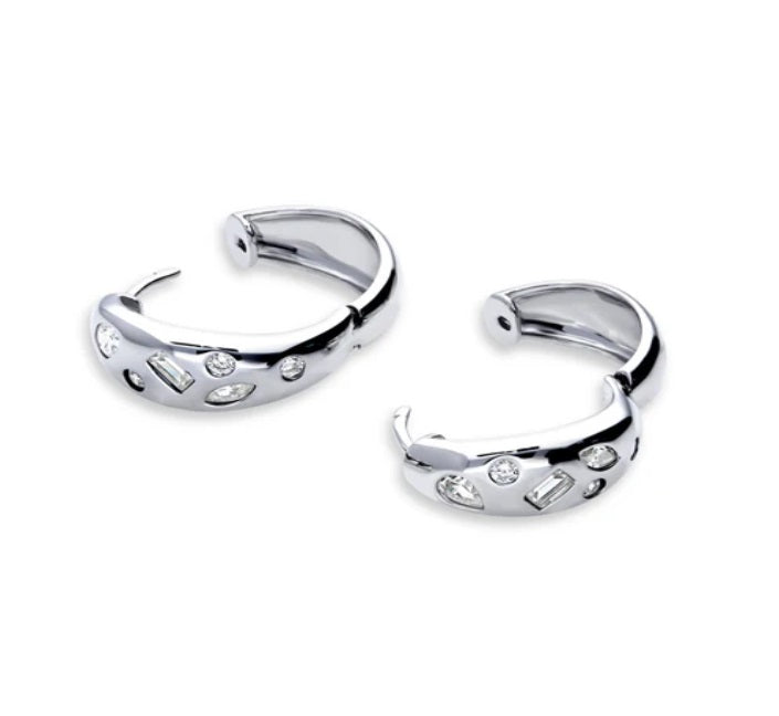 Dome CZ Medium Hoop Earrings in Sterling Silver 0.77"