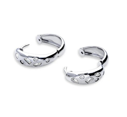 Dome CZ Medium Hoop Earrings in Sterling Silver 0.77"