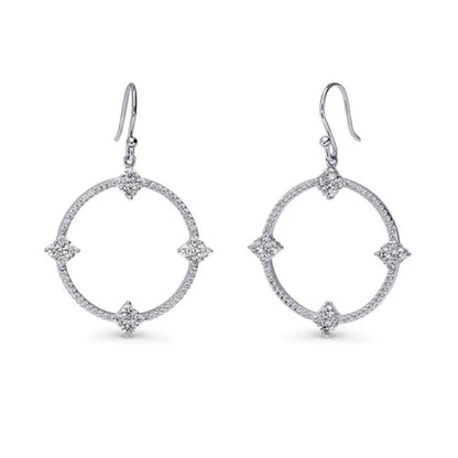 Open Circle Flower CZ Fish Hook Dangle Earrings in Sterling Silver