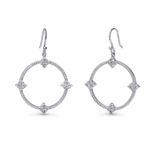 Open Circle Flower CZ Fish Hook Dangle Earrings in Sterling Silver
