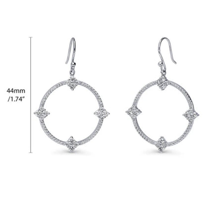 Open Circle Flower CZ Fish Hook Dangle Earrings in Sterling Silver