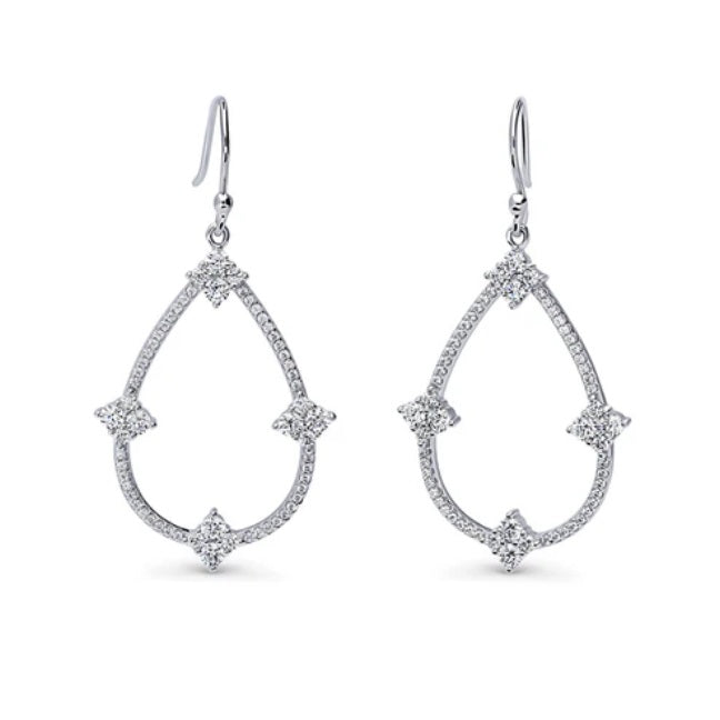 Flower Teardrop CZ Fish Hook Dangle Earrings in Sterling Silver