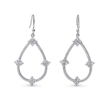 Flower Teardrop CZ Fish Hook Dangle Earrings in Sterling Silver