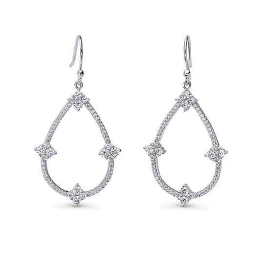 Flower Teardrop CZ Fish Hook Dangle Earrings in Sterling Silver