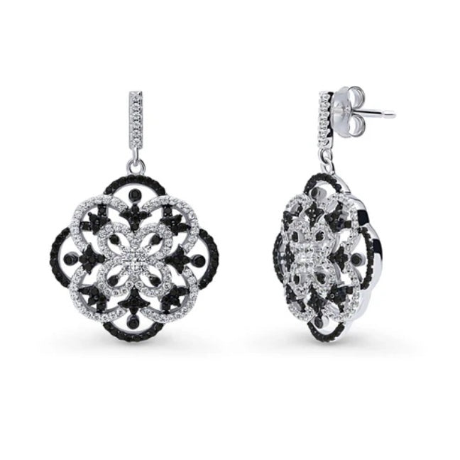 Flower Black and White CZ Statement Dangle Earrings in Sterling Silver