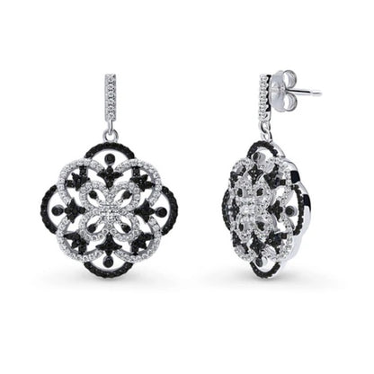 Flower Black and White CZ Statement Dangle Earrings in Sterling Silver