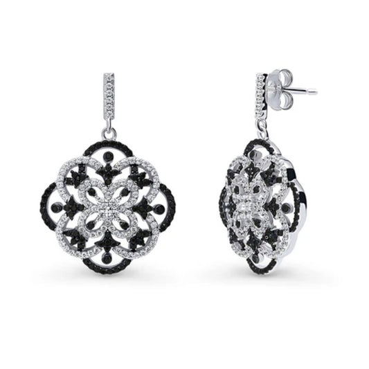 Flower Black and White CZ Statement Dangle Earrings in Sterling Silver