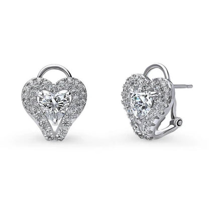 Heart Halo CZ Omega Back Stud Earrings in Sterling Silver
