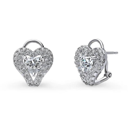 Heart Halo CZ Omega Back Stud Earrings in Sterling Silver