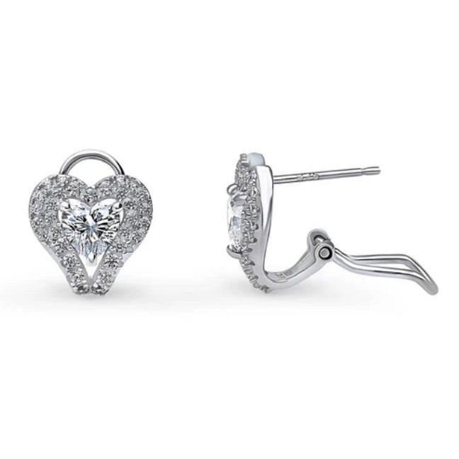 Heart Halo CZ Omega Back Stud Earrings in Sterling Silver