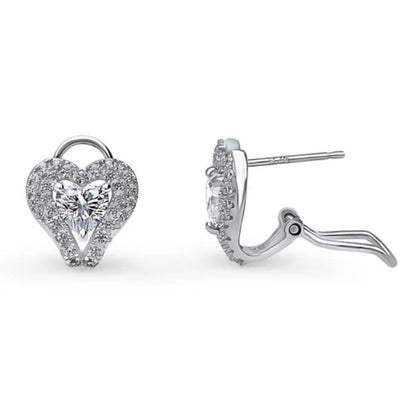 Heart Halo CZ Omega Back Stud Earrings in Sterling Silver