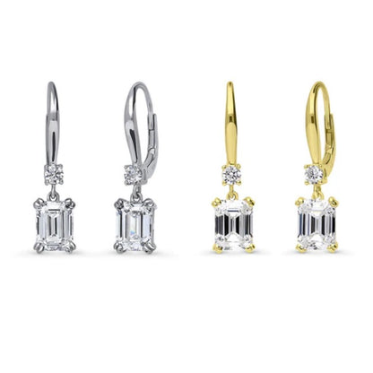 Solitaire 6.8ct Emerald Cut CZ Earrings in Sterling Silver, 2 Pairs