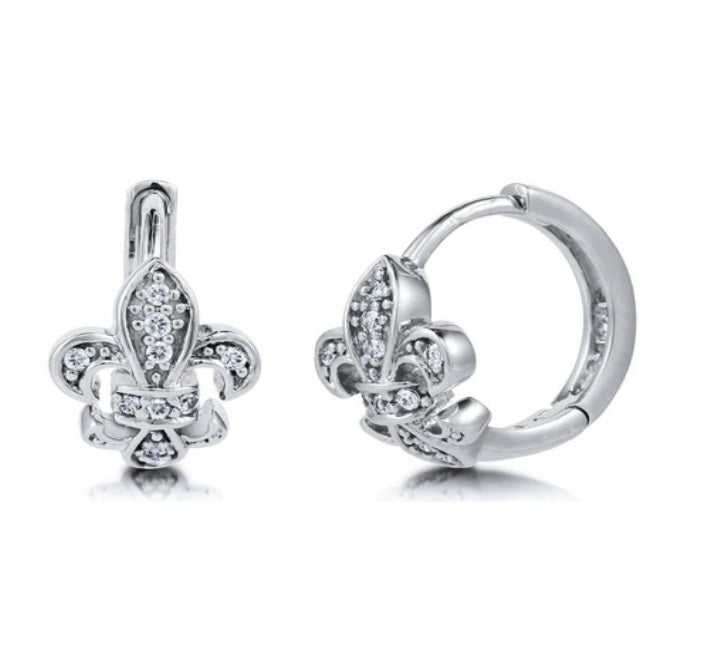Fleur De Lis CZ Small Huggie Earrings in Sterling Silver 0.5"