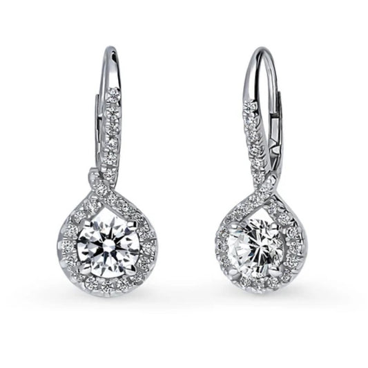 Halo Woven Round CZ Leverback Dangle Earrings in Sterling Silver