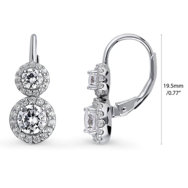 Halo 2-Stone Round CZ Leverback Dangle Earrings in Sterling Silver
