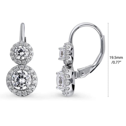 Halo 2-Stone Round CZ Leverback Dangle Earrings in Sterling Silver