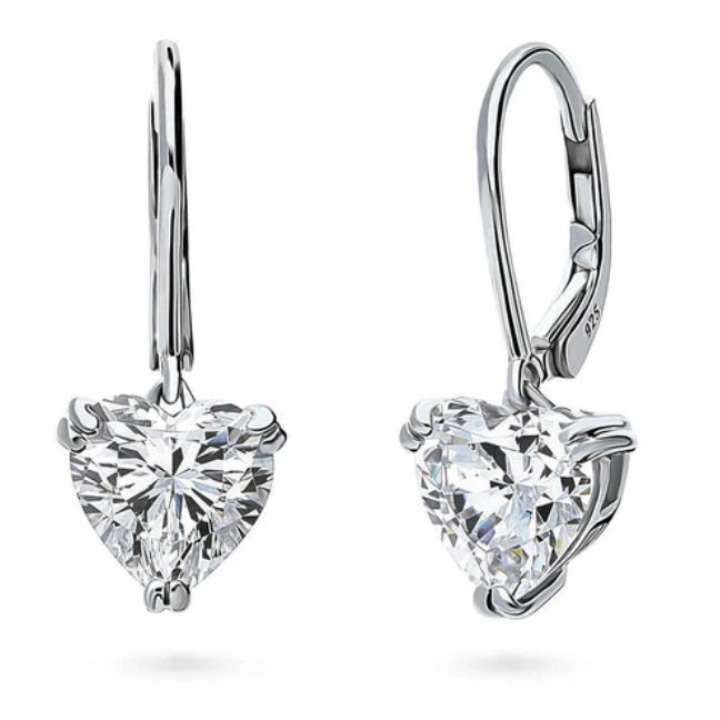 Solitaire 3.4ct Heart CZ Leverback Dangle Earrings in Sterling Silver