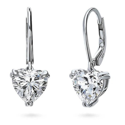 Solitaire 3.4ct Heart CZ Leverback Dangle Earrings in Sterling Silver