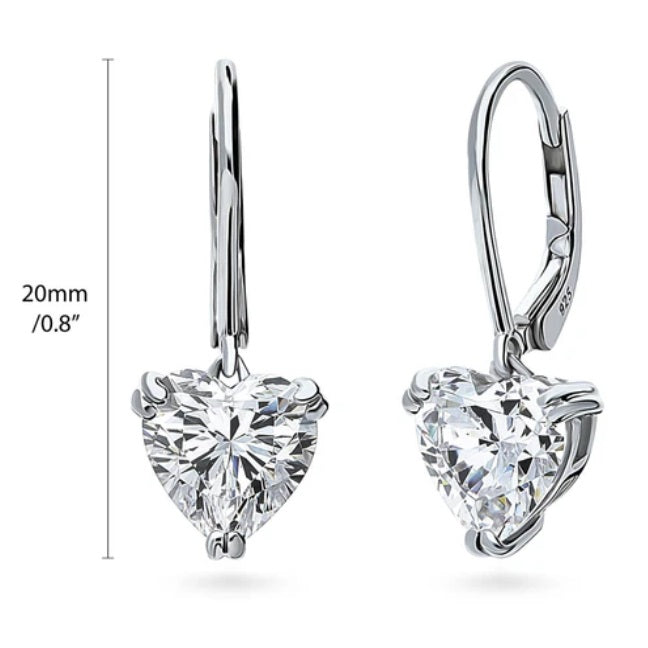 Solitaire 3.4ct Heart CZ Leverback Dangle Earrings in Sterling Silver