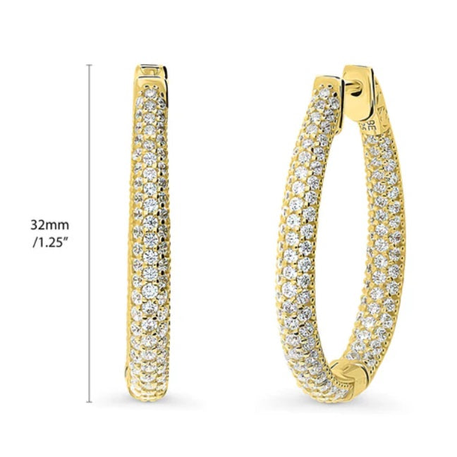 Teardrop CZ Medium Inside-Out Hoop Earrings in Sterling Silver 1.25"