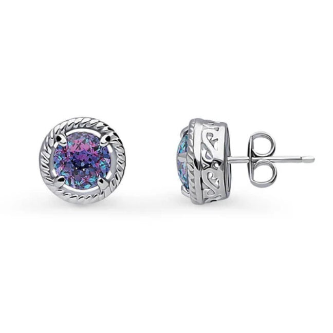 Solitaire Purple Aqua Round CZ Stud Earrings in Sterling Silver 2.5ct