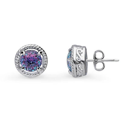 Solitaire Purple Aqua Round CZ Stud Earrings in Sterling Silver 2.5ct