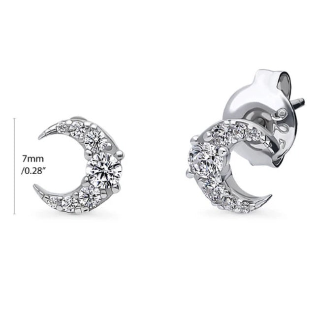 Crescent Moon CZ Stud Earrings in Sterling Silver