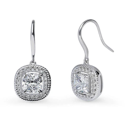 Halo Woven Cushion CZ Fish Hook Dangle Earrings in Sterling Silver