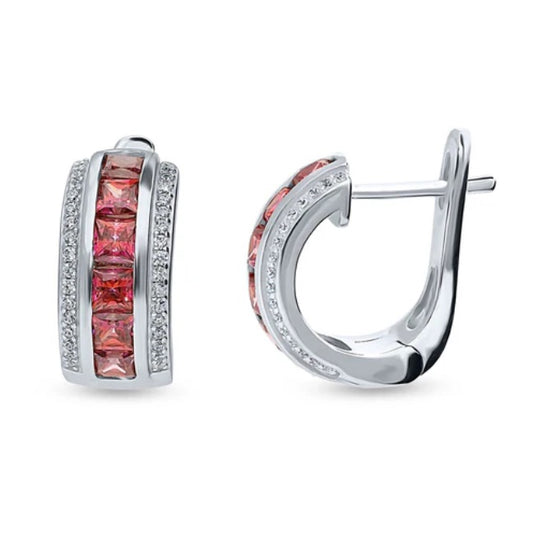 Dome Red CZ Medium Huggie Earrings in Sterling Silver 0.66"