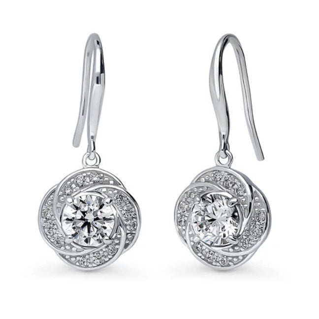 Flower Woven CZ Fish Hook Dangle Earrings in Sterling Silver