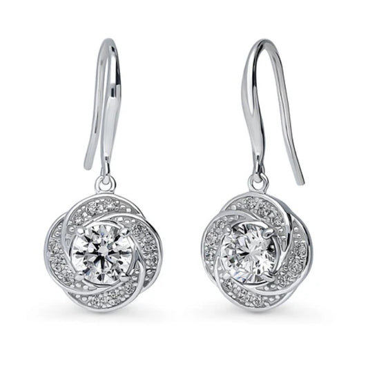 Flower Woven CZ Fish Hook Dangle Earrings in Sterling Silver