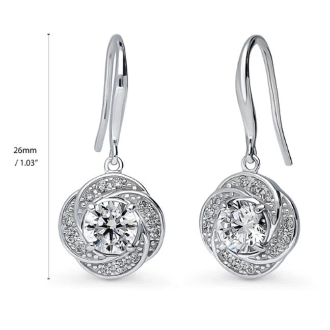 Flower Woven CZ Fish Hook Dangle Earrings in Sterling Silver