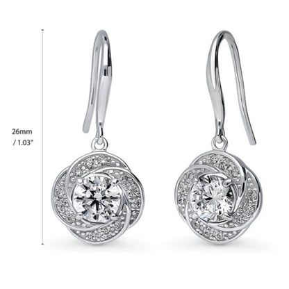 Flower Woven CZ Fish Hook Dangle Earrings in Sterling Silver