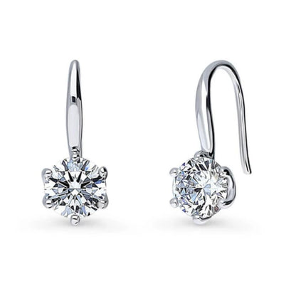 Solitaire 2.5ct Round CZ Fish Hook Dangle Earrings in Sterling Silver