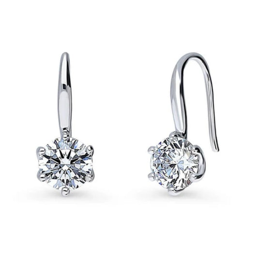 Solitaire 2.5ct Round CZ Fish Hook Dangle Earrings in Sterling Silver