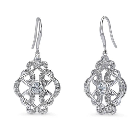 Flower Art Deco CZ Fish Hook Dangle Earrings in Sterling Silver