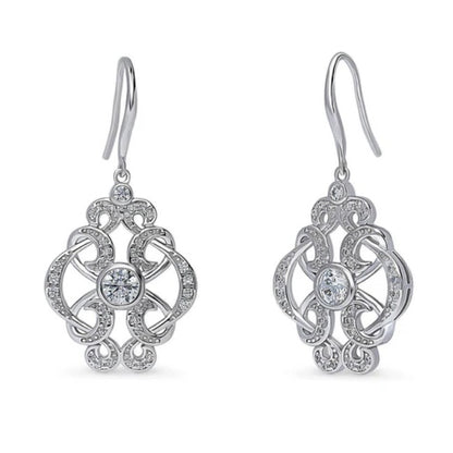 Flower Art Deco CZ Fish Hook Dangle Earrings in Sterling Silver
