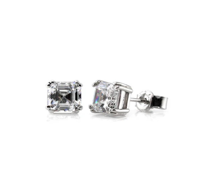 Solitaire Asscher CZ Stud Earrings in Sterling Silver