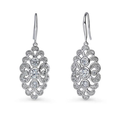 Navette Art Deco CZ Fish Hook Dangle Earrings in Sterling Silver
