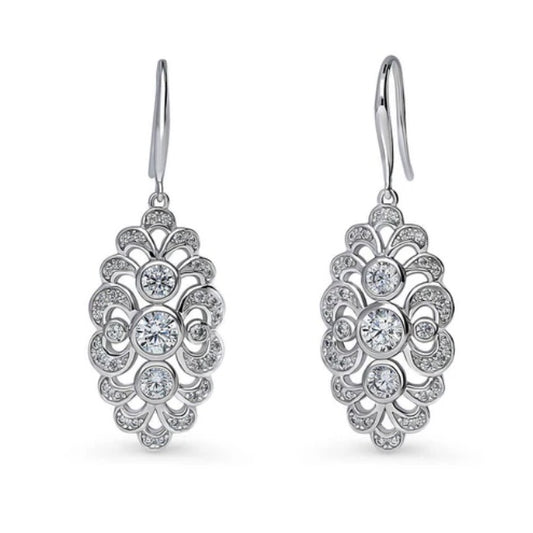 Navette Art Deco CZ Fish Hook Dangle Earrings in Sterling Silver