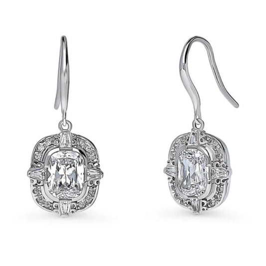 Art Deco CZ Fish Hook Dangle Earrings in Sterling Silver