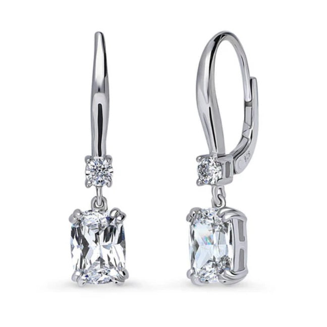 Solitaire 3.2ct Cushion CZ Leverback Dangle Earrings in Sterling Silver