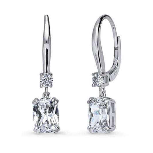 Solitaire 3.2ct Cushion CZ Leverback Dangle Earrings in Sterling Silver