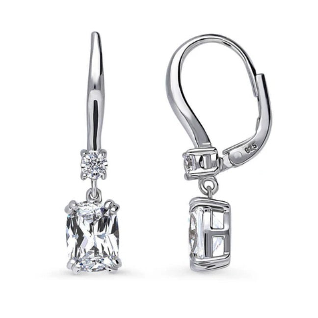 Solitaire 3.2ct Cushion CZ Leverback Dangle Earrings in Sterling Silver